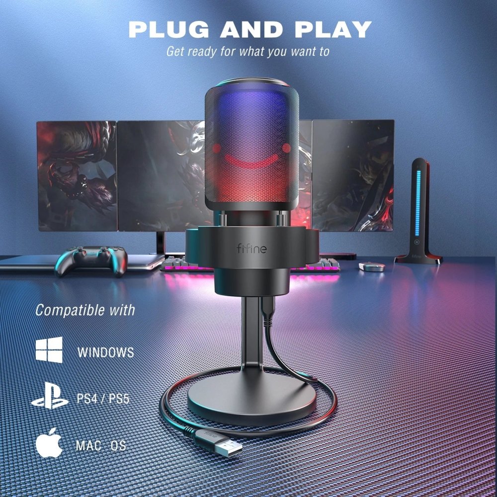 Microfone Gamer FIFINE A8 USB Microfone para Gravação e Streaming, Botão de Mudo Sensível ao Toque, Microfone com 3 Modos RGB - A8 - BoostedBit - BoostedBit - Preto -