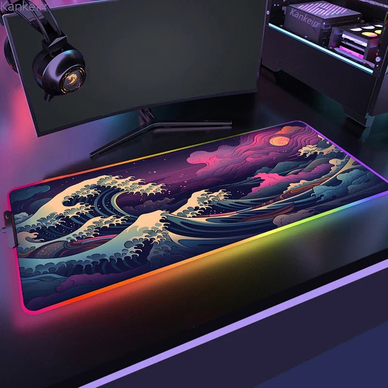 Mousepad Gamer de Borracha Antiderrapante com Iluminação RGB (Onda Japonesa) - BoostedBit - BoostedBit - Onda 14 - RGB 300x700x3mm -