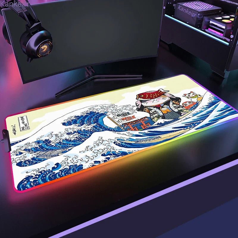 Mousepad Gamer de Borracha Antiderrapante com Iluminação RGB (Onda Japonesa) - BoostedBit - BoostedBit - Onda 9 - RGB 300x700x3mm -