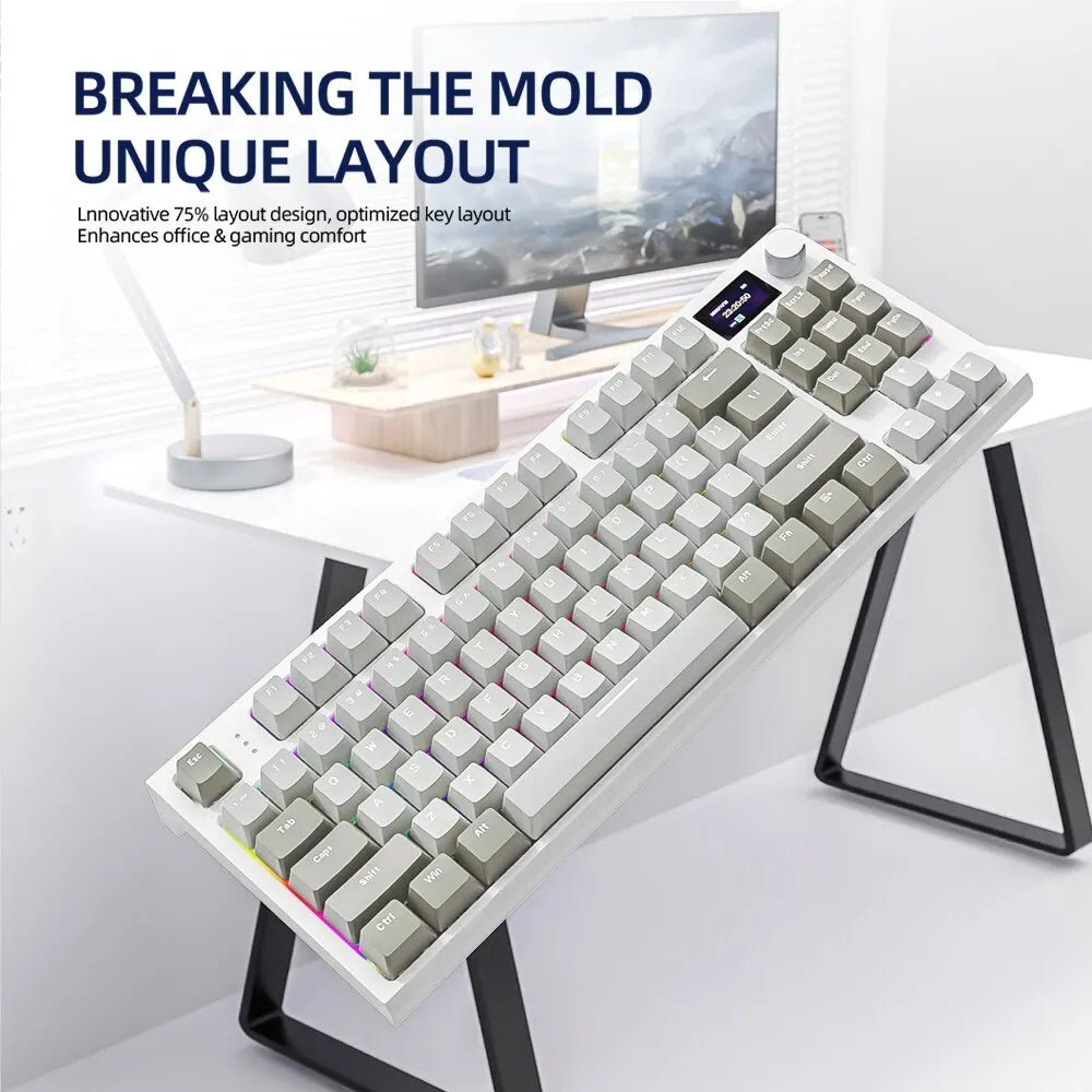Teclado Gamer Mecânico K86 Wireless Bluetooth com Tela Integrada e Botão Rotativo de Volume - K86 Attack Shark - BoostedBit - BoostedBit - Cinza - Switch Branco -