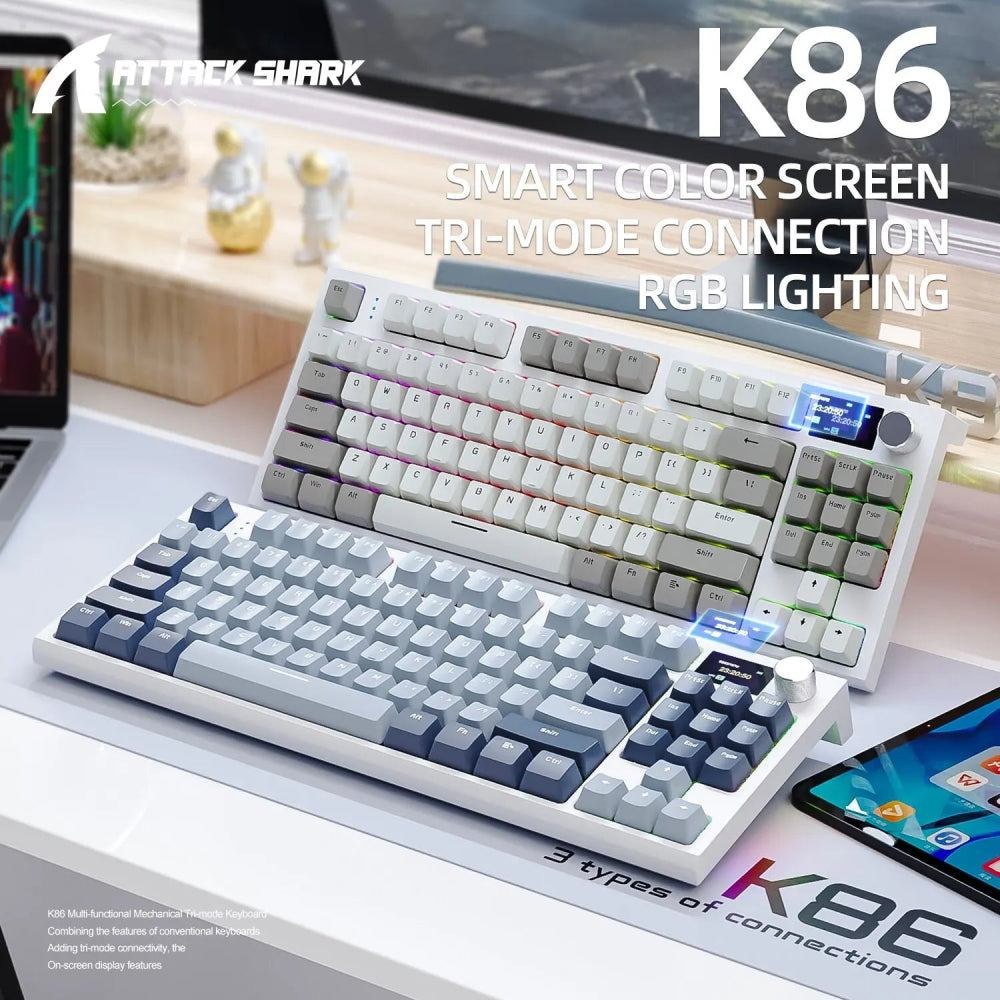 Teclado Gamer Mecânico K86 Wireless Bluetooth com Tela Integrada e Botão Rotativo de Volume - K86 Attack Shark - BoostedBit - BoostedBit - Cinza - Switch Branco -