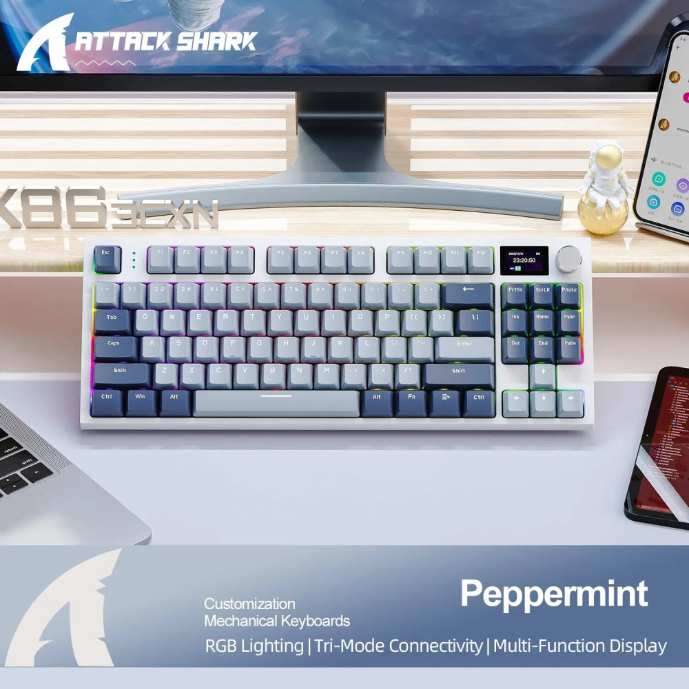 Teclado Gamer Mecânico K86 Wireless Bluetooth com Tela Integrada e Botão Rotativo de Volume - K86 Attack Shark - BoostedBit - BoostedBit - Cinza - Switch Branco -