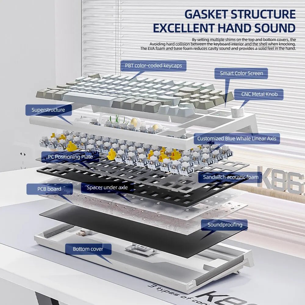 Teclado Gamer Mecânico K86 Wireless Bluetooth com Tela Integrada e Botão Rotativo de Volume - K86 Attack Shark - BoostedBit - BoostedBit - Cinza - Switch Branco -