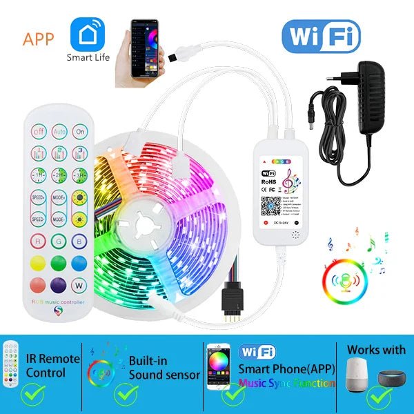 Tira LED WiFi Inteligente FEICAN WiFi Bluetooth Flexível - BoostedBit - BoostedBit - Controlador de Wi - Fi - 5050 Não à prova d'água - US Plug | 5M Full Set | C - 1 -